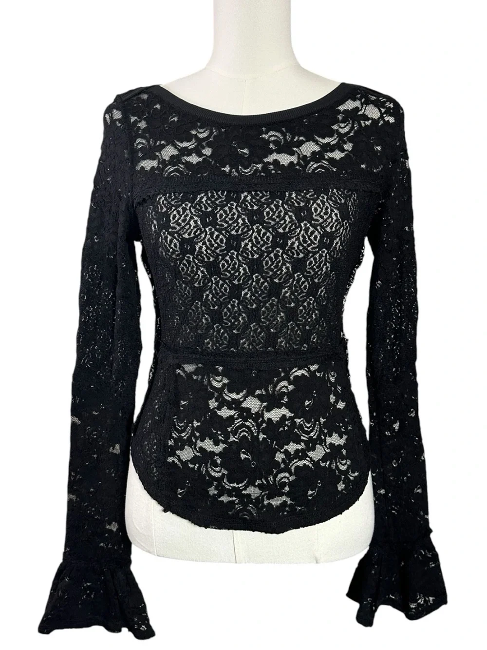 Free People Witchy Victorian Sheer Lace Flared Long Sleeve Top Black Small NWT